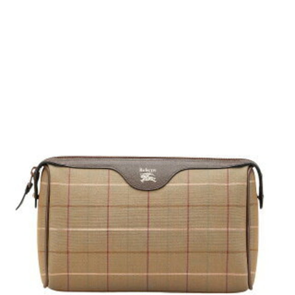 Burberry Check Shoulder Bag Clutch Khaki Brown Canvas Leather s - Picture 1 of 11